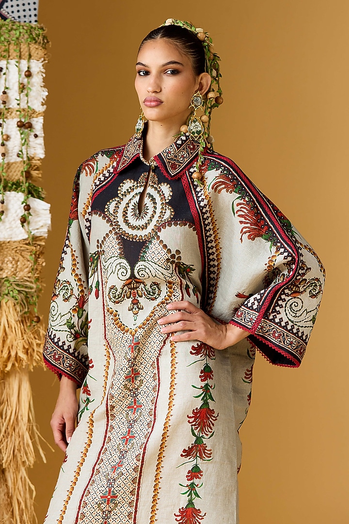 Taupe Linen Printed Midi Cocktail Dress by Rajdeep Ranawat at Pernia's Pop Up Shop