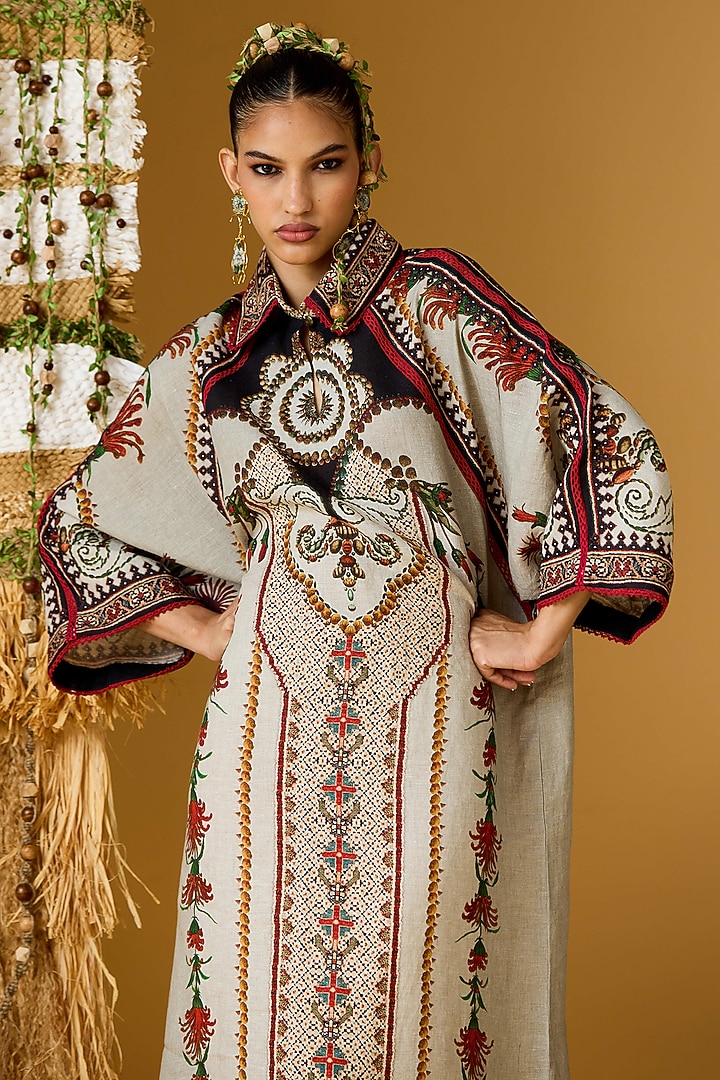 Taupe Linen Printed Midi Cocktail Dress by Rajdeep Ranawat at Pernia's Pop Up Shop