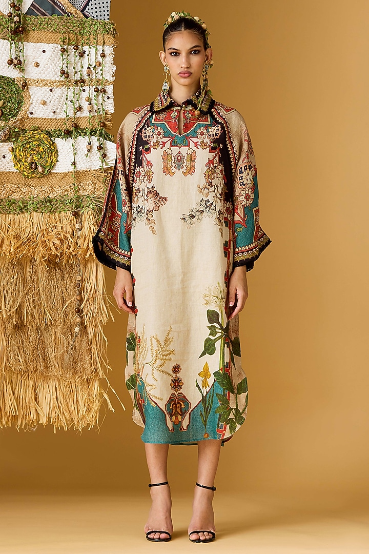 Beige & Teal Linen Printed Midi Cocktail Dress by Rajdeep Ranawat at Pernia's Pop Up Shop