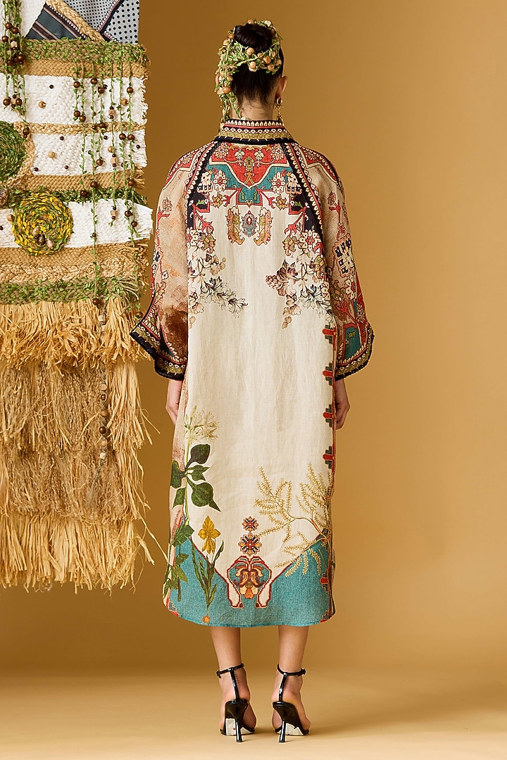 Beige & Teal Linen Printed Midi Cocktail Dress by Rajdeep Ranawat at Pernia's Pop Up Shop
