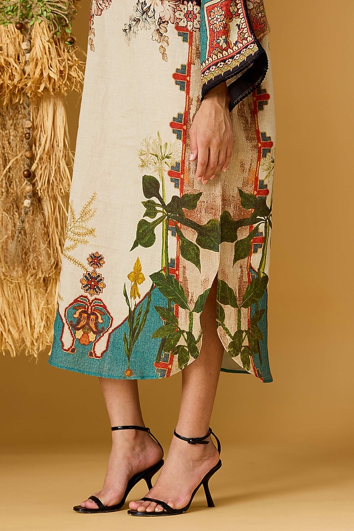 Beige & Teal Linen Printed Midi Cocktail Dress by Rajdeep Ranawat at Pernia's Pop Up Shop