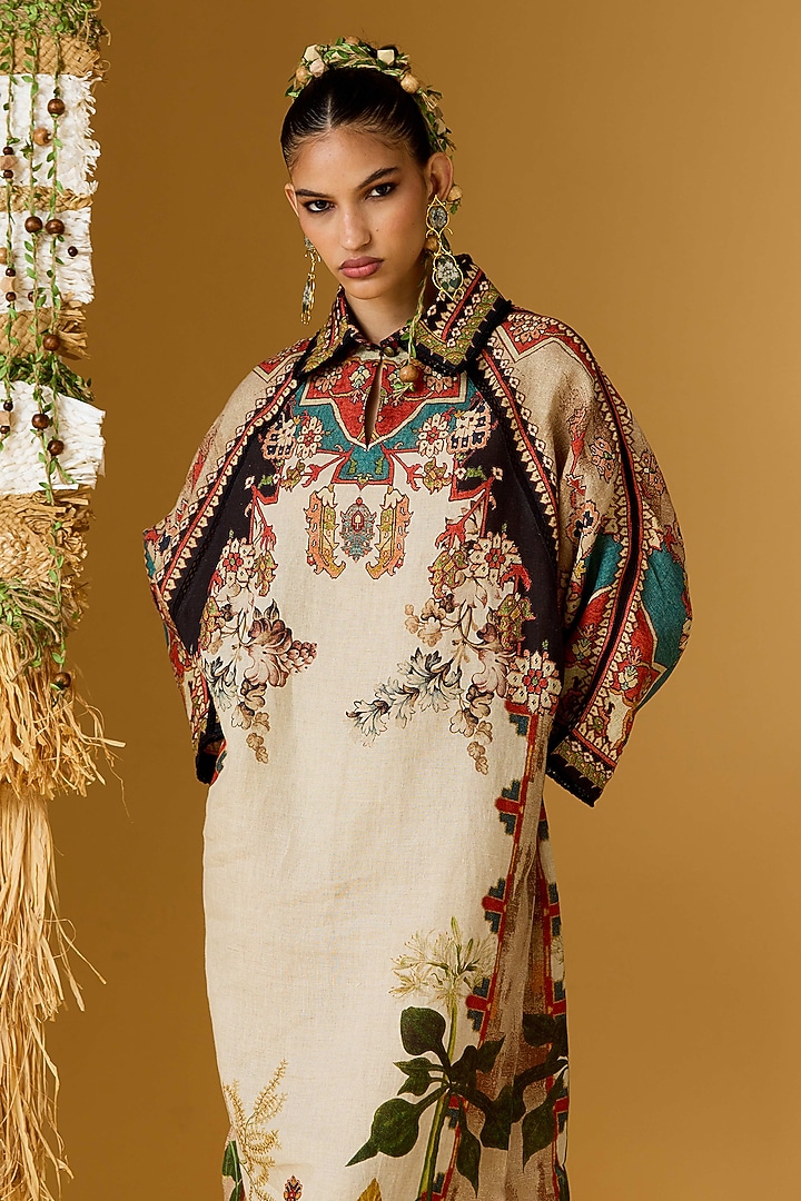 Beige & Teal Linen Printed Midi Cocktail Dress by Rajdeep Ranawat at Pernia's Pop Up Shop