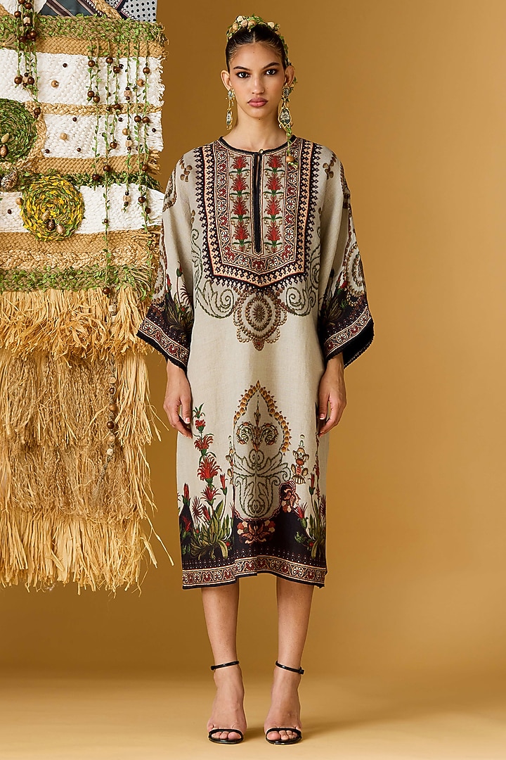 Taupe Linen Printed A-Line Tunic by Rajdeep Ranawat at Pernia's Pop Up Shop