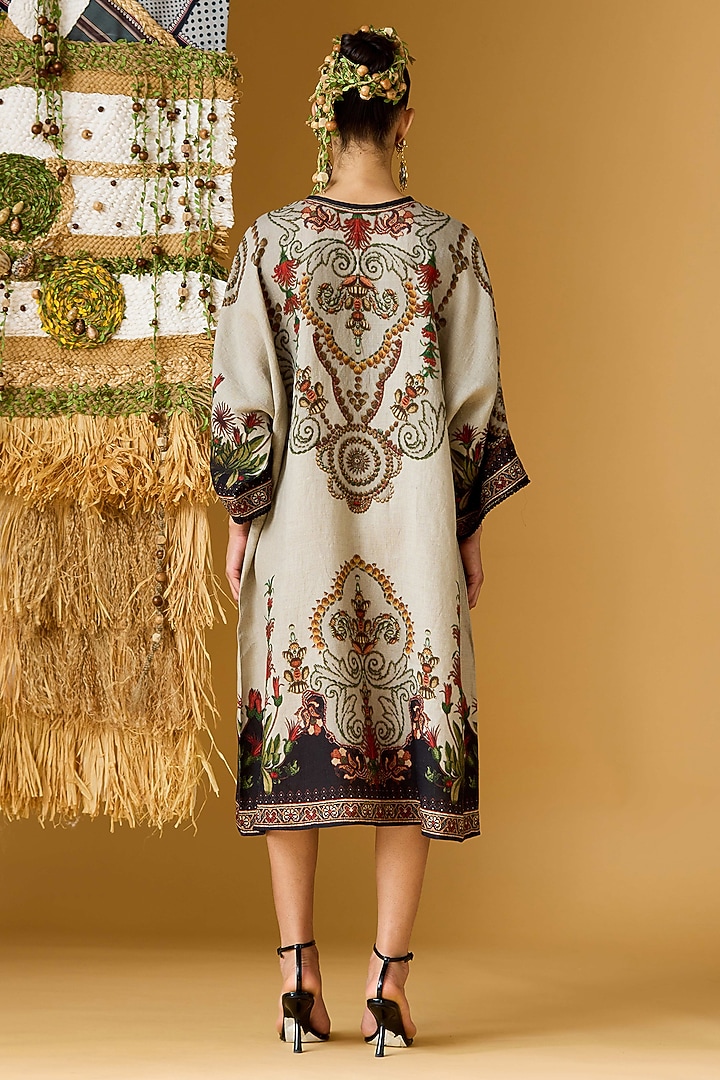 Taupe Linen Printed A-Line Tunic by Rajdeep Ranawat at Pernia's Pop Up Shop