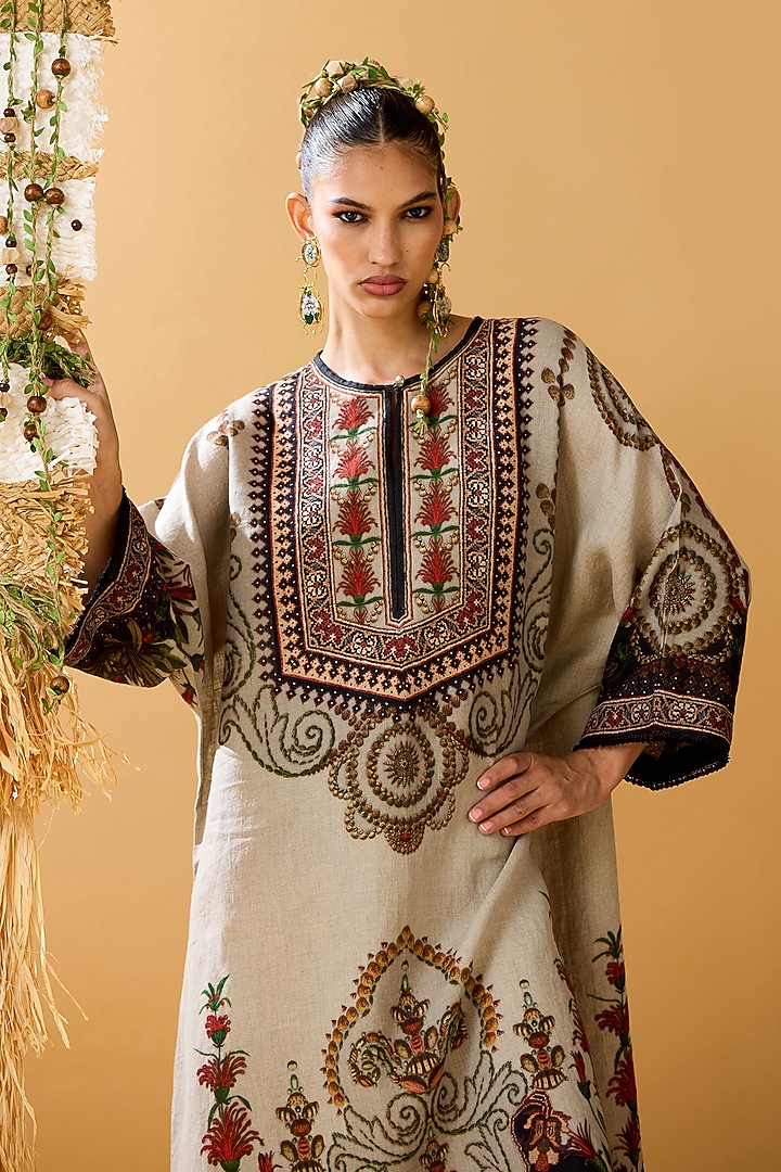 Taupe Linen Printed A-Line Tunic by Rajdeep Ranawat at Pernia's Pop Up Shop