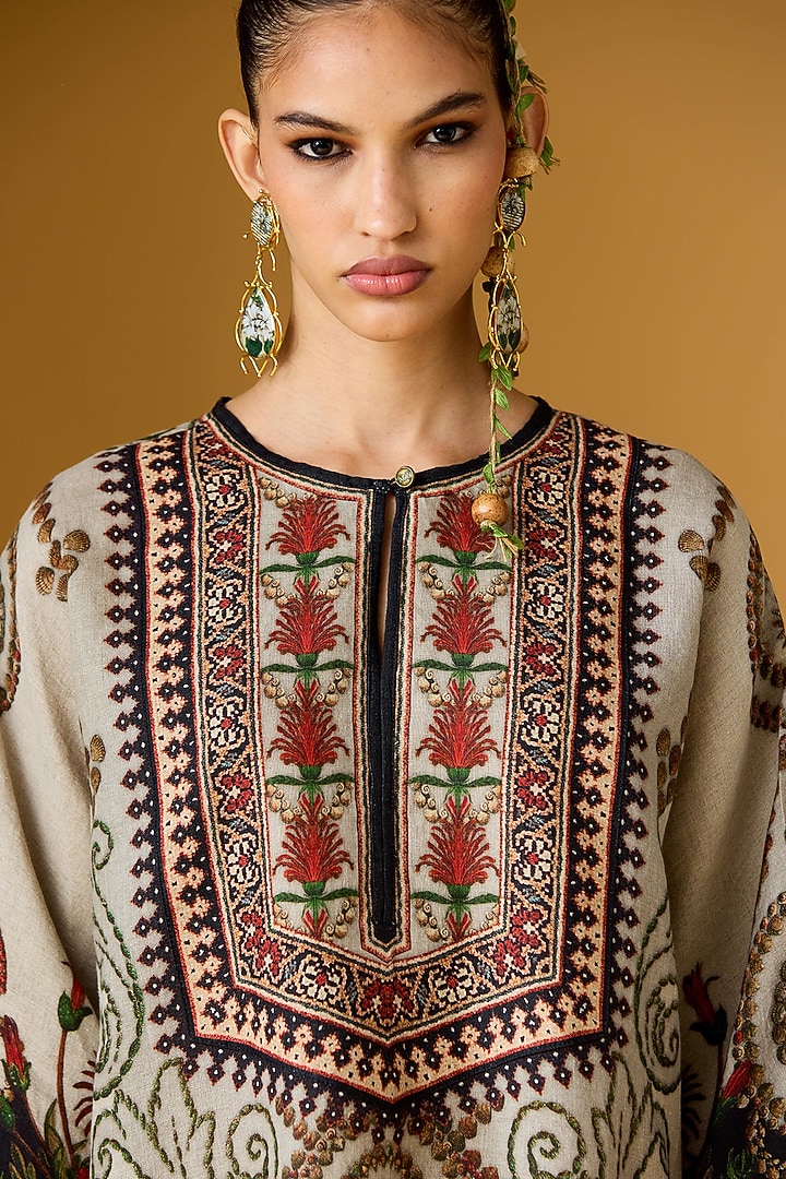 Taupe Linen Printed A-Line Tunic by Rajdeep Ranawat at Pernia's Pop Up Shop