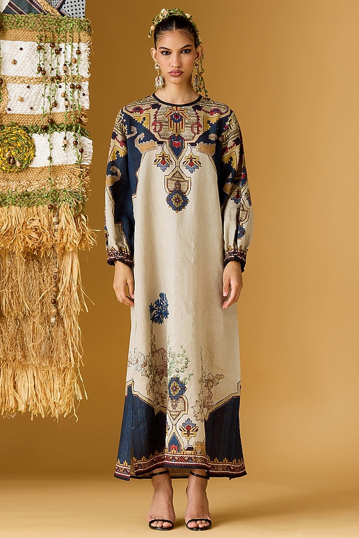 Denim & Taupe Linen Printed Kaftan by Rajdeep Ranawat at Pernia's Pop Up Shop