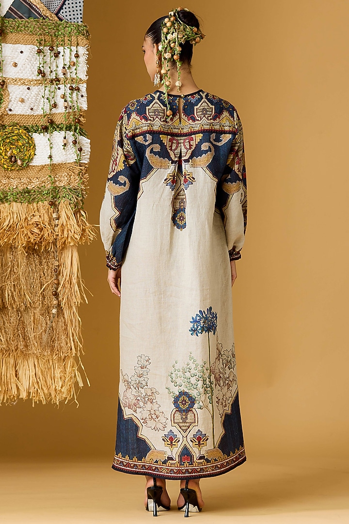 Denim & Taupe Linen Printed Kaftan by Rajdeep Ranawat at Pernia's Pop Up Shop