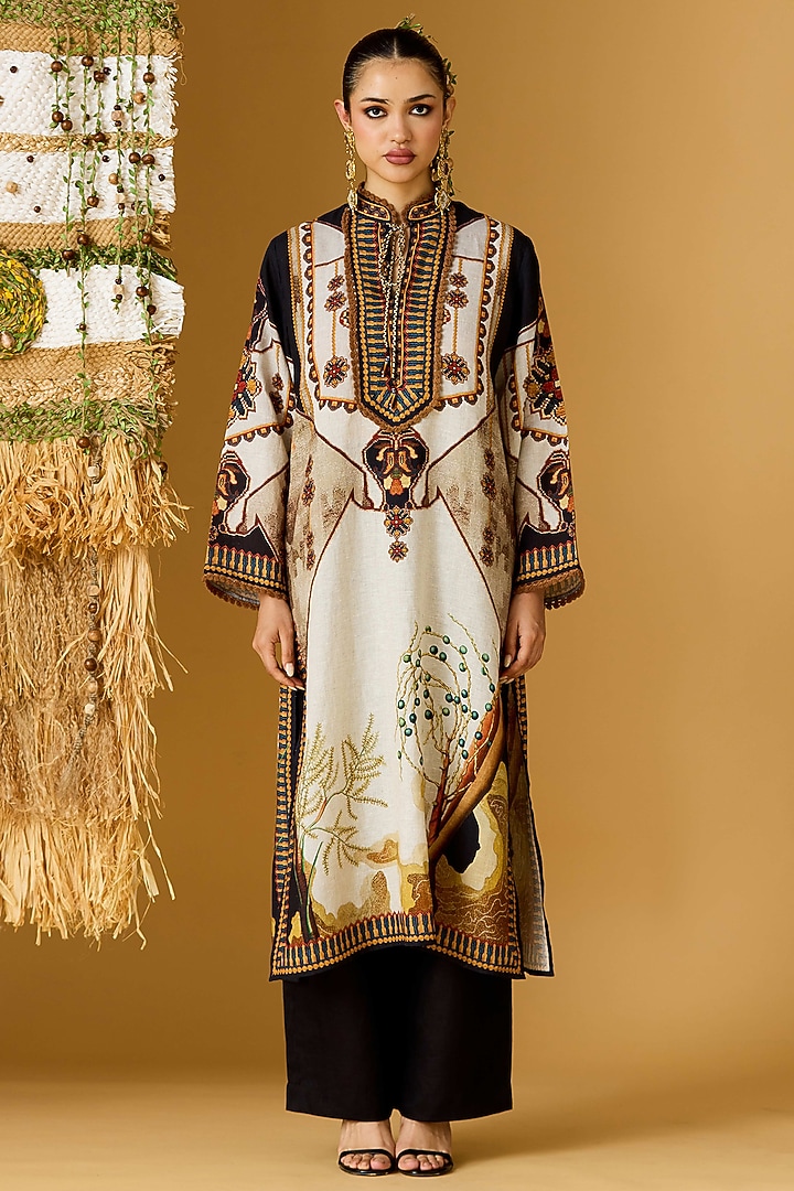 Beige & Black Linen Printed Tunic by Rajdeep Ranawat at Pernia's Pop Up Shop