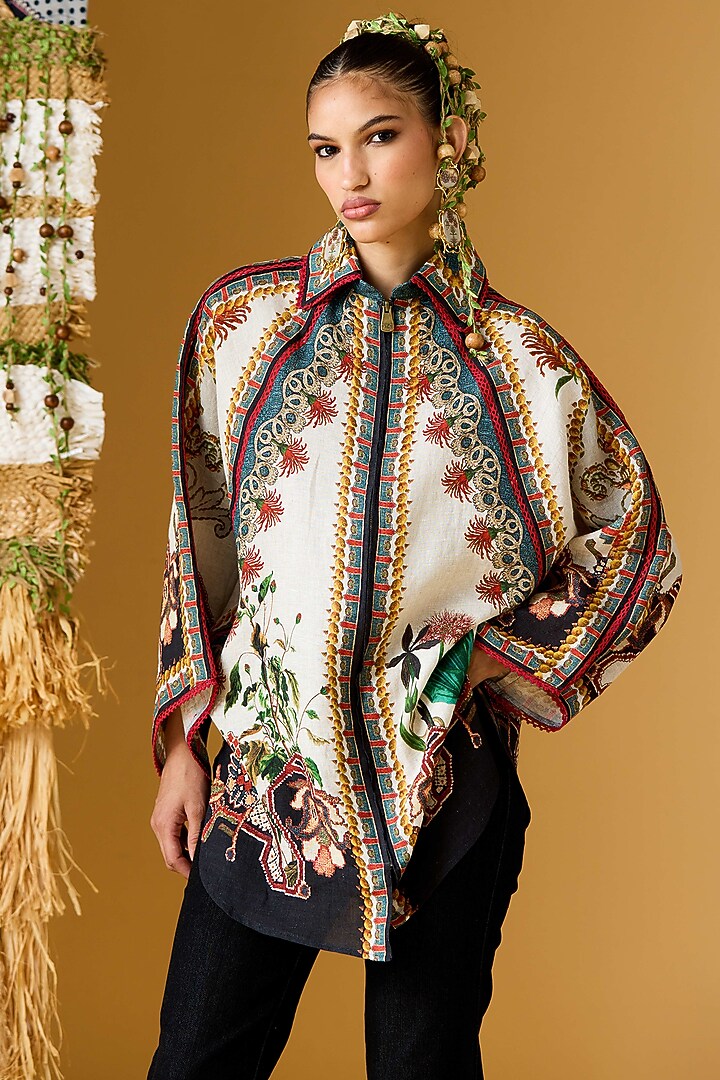 Beige Linen Printed Tunic by Rajdeep Ranawat at Pernia's Pop Up Shop