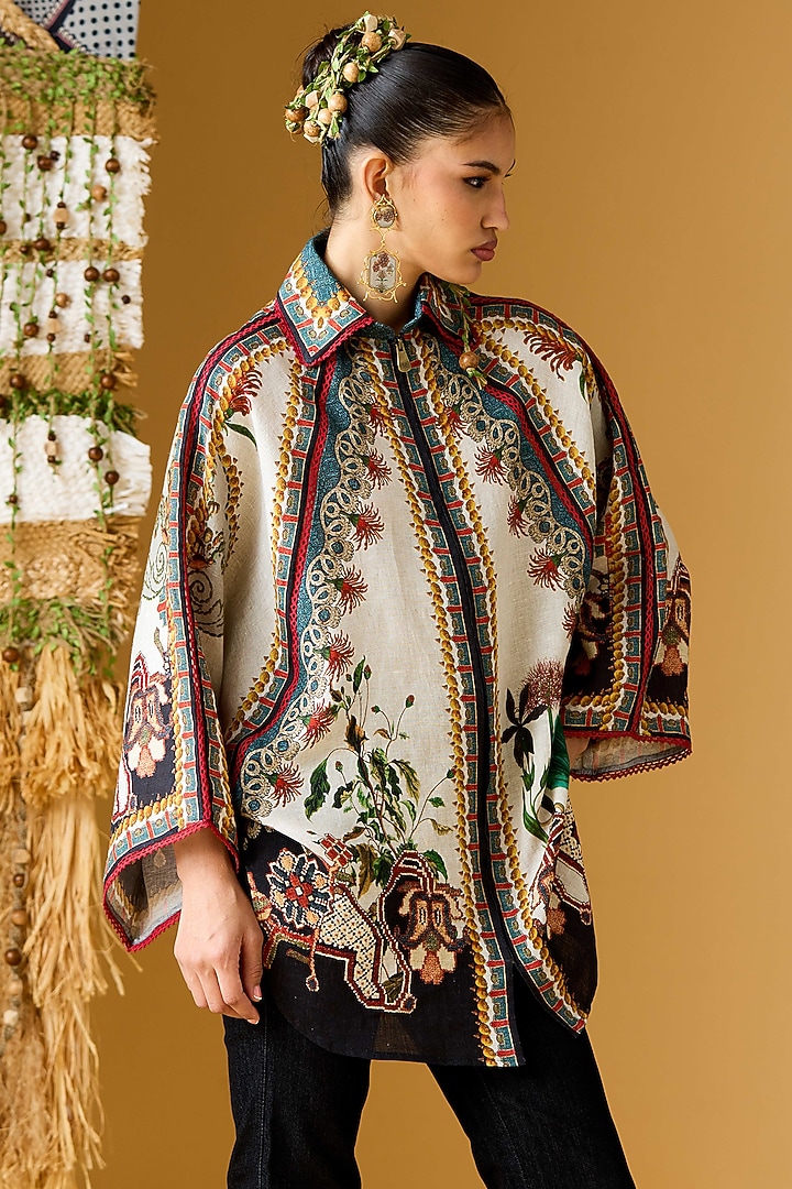 Beige Linen Printed Tunic by Rajdeep Ranawat at Pernia's Pop Up Shop