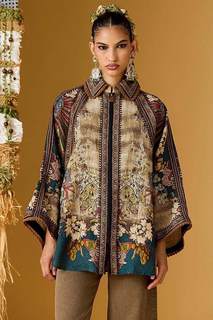 Teal Linen Printed Tunic by Rajdeep Ranawat at Pernia's Pop Up Shop