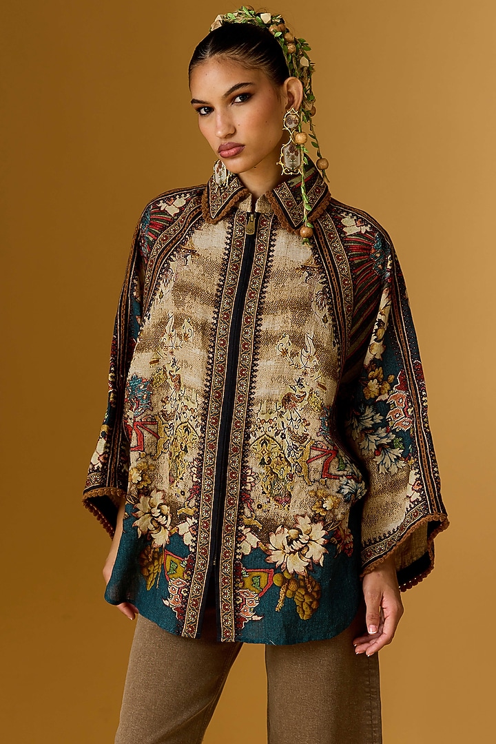 Teal Linen Printed Tunic by Rajdeep Ranawat at Pernia's Pop Up Shop