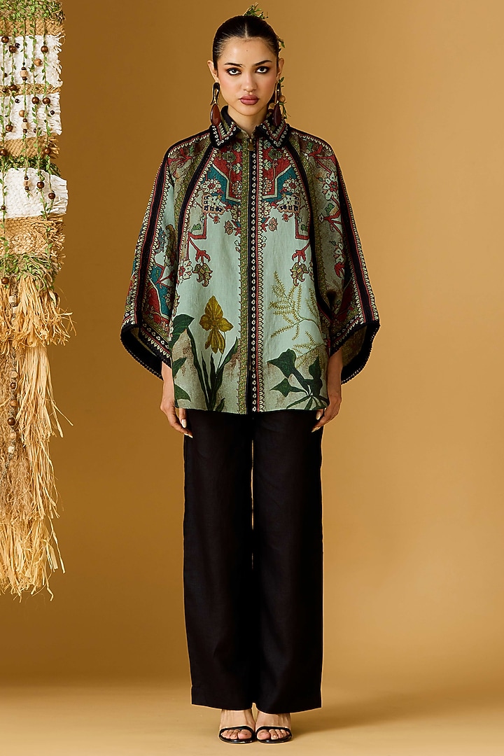 Teal Linen Printed Tunic by Rajdeep Ranawat at Pernia's Pop Up Shop