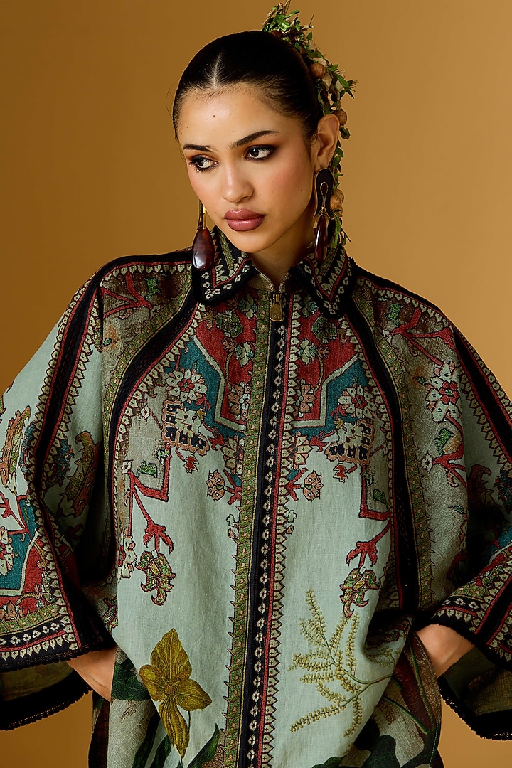 Teal Linen Printed Tunic by Rajdeep Ranawat at Pernia's Pop Up Shop