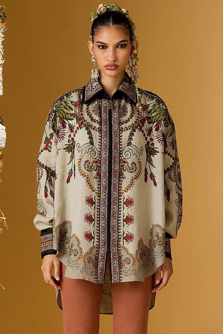 Taupe Linen Printed Tunic by Rajdeep Ranawat at Pernia's Pop Up Shop