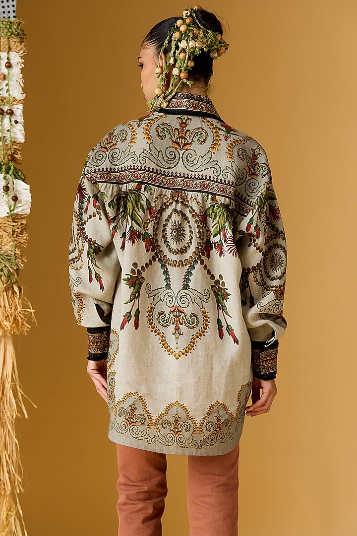 Taupe Linen Printed Tunic by Rajdeep Ranawat at Pernia's Pop Up Shop