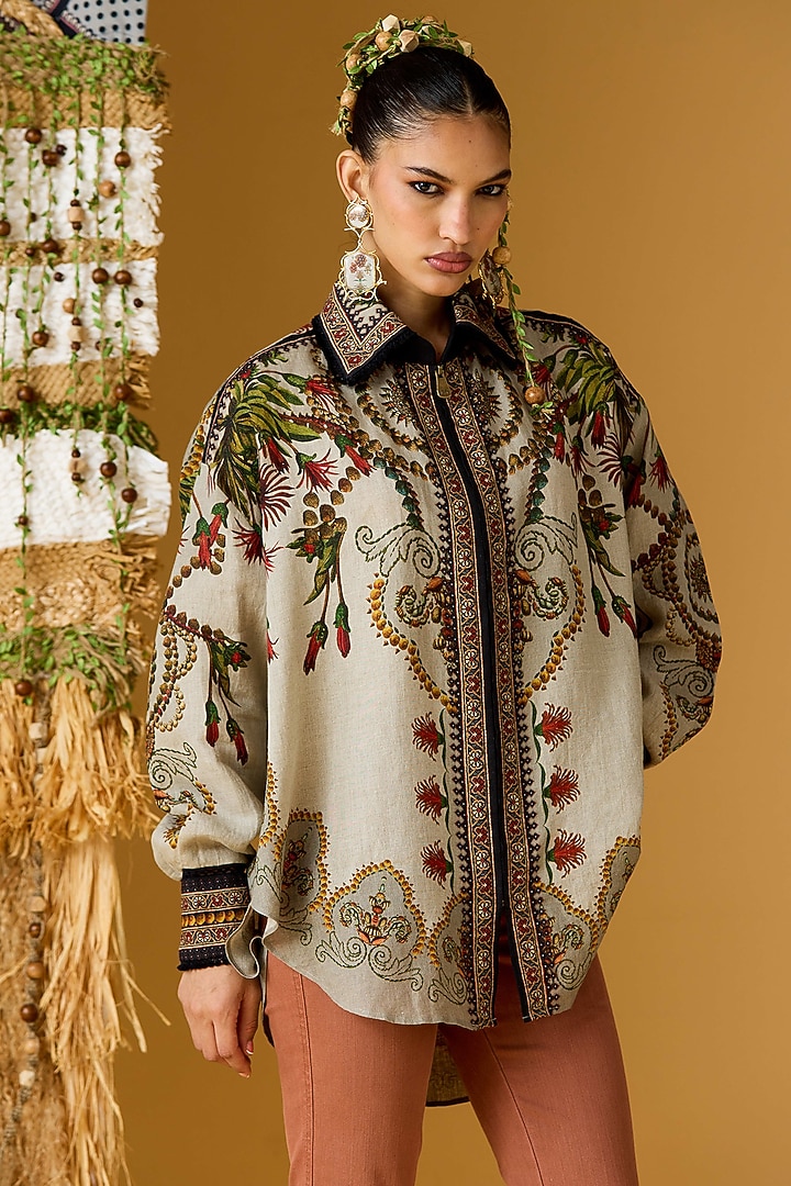 Taupe Linen Printed Tunic by Rajdeep Ranawat at Pernia's Pop Up Shop