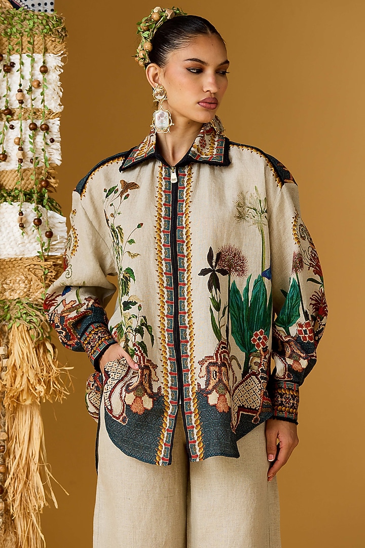 Taupe Linen Printed Shirt by Rajdeep Ranawat at Pernia's Pop Up Shop