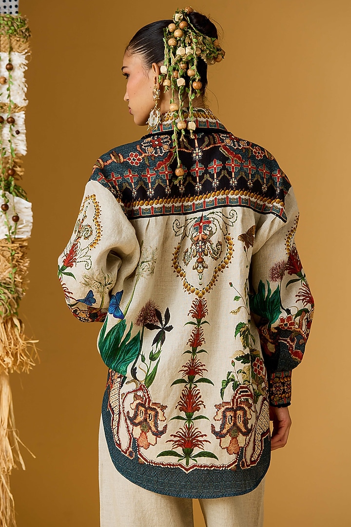 Taupe Linen Printed Shirt by Rajdeep Ranawat at Pernia's Pop Up Shop