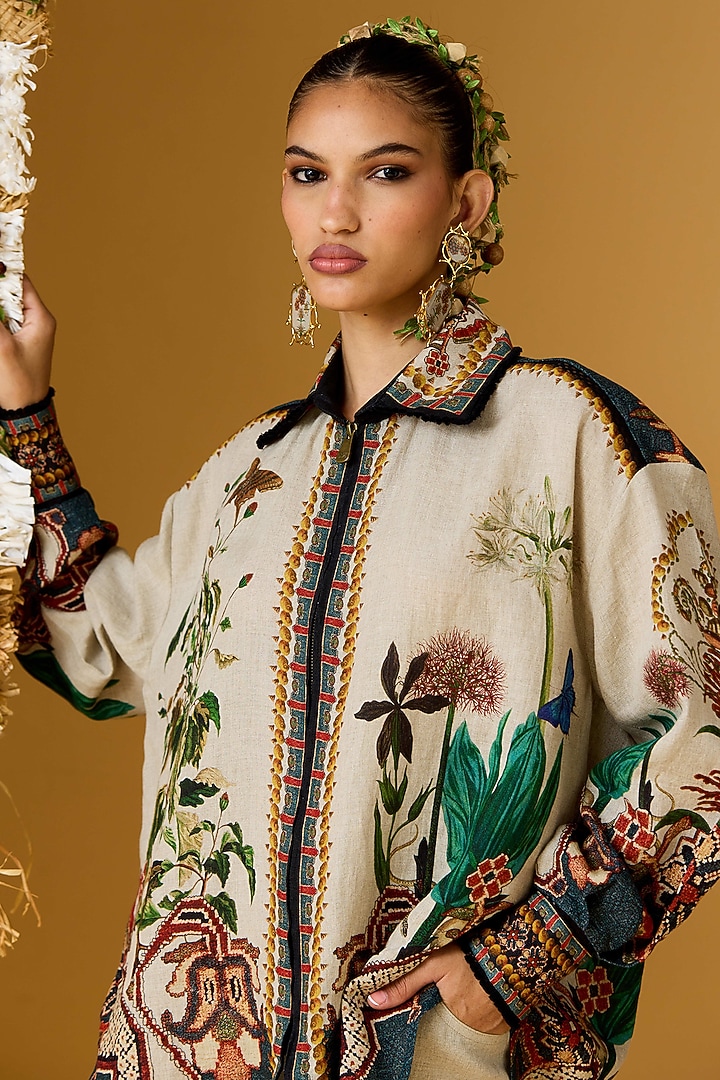 Taupe Linen Printed Shirt by Rajdeep Ranawat at Pernia's Pop Up Shop