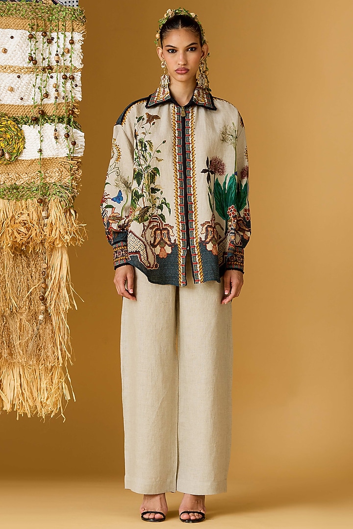 Beige Linen Pants by Rajdeep Ranawat at Pernia's Pop Up Shop