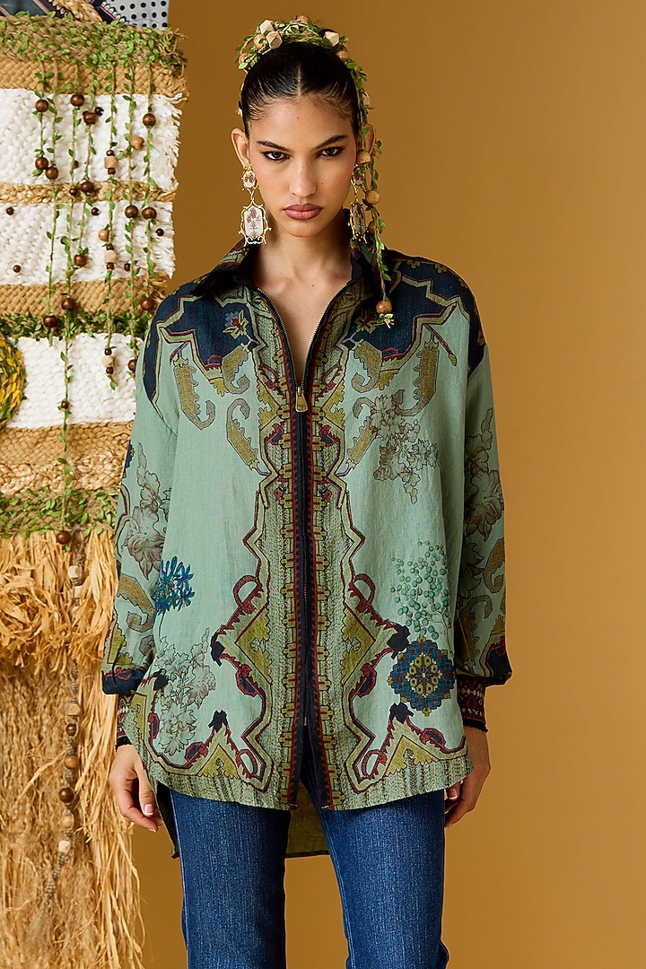 Teal Linen Printed Shirt by Rajdeep Ranawat at Pernia's Pop Up Shop