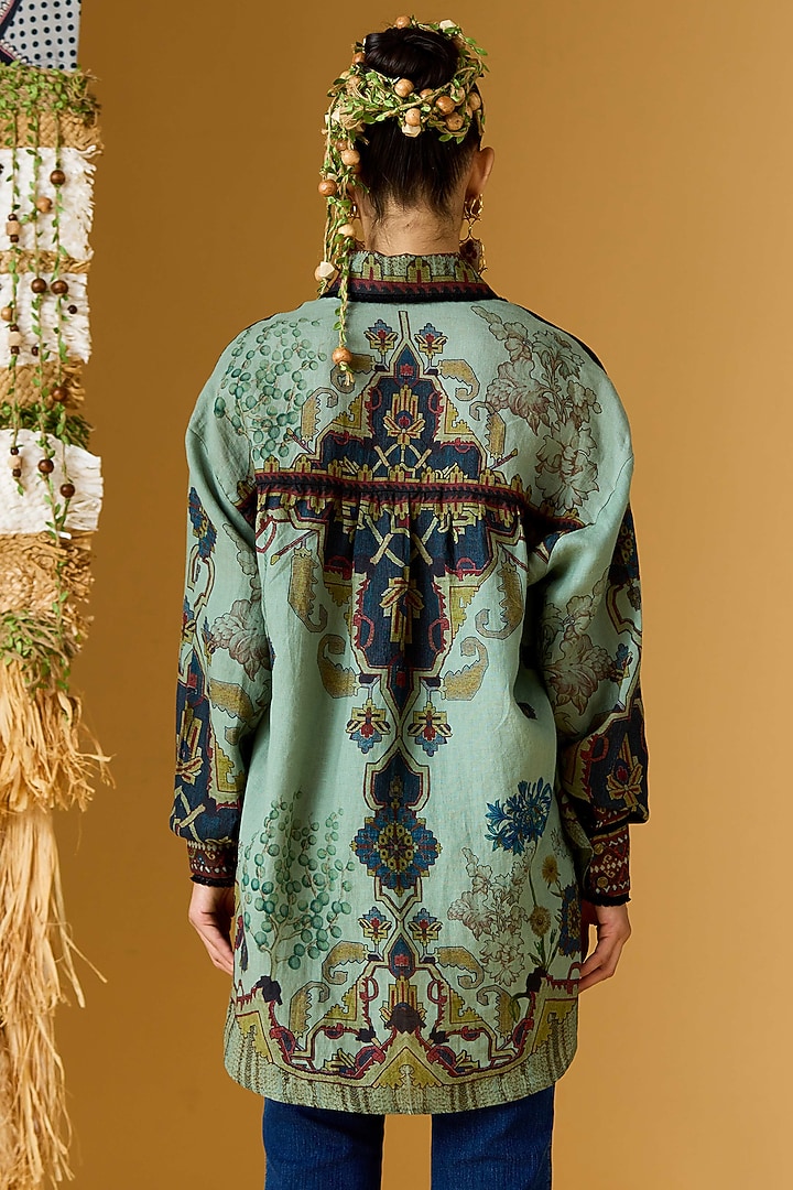 Teal Linen Printed Shirt by Rajdeep Ranawat at Pernia's Pop Up Shop