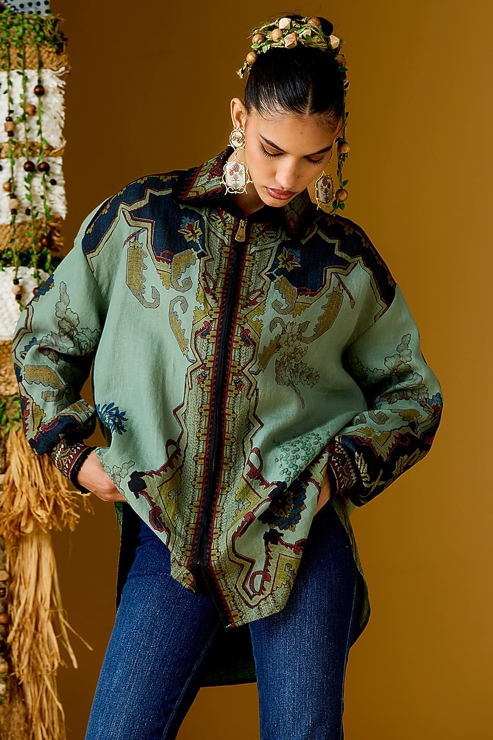 Teal Linen Printed Shirt by Rajdeep Ranawat at Pernia's Pop Up Shop