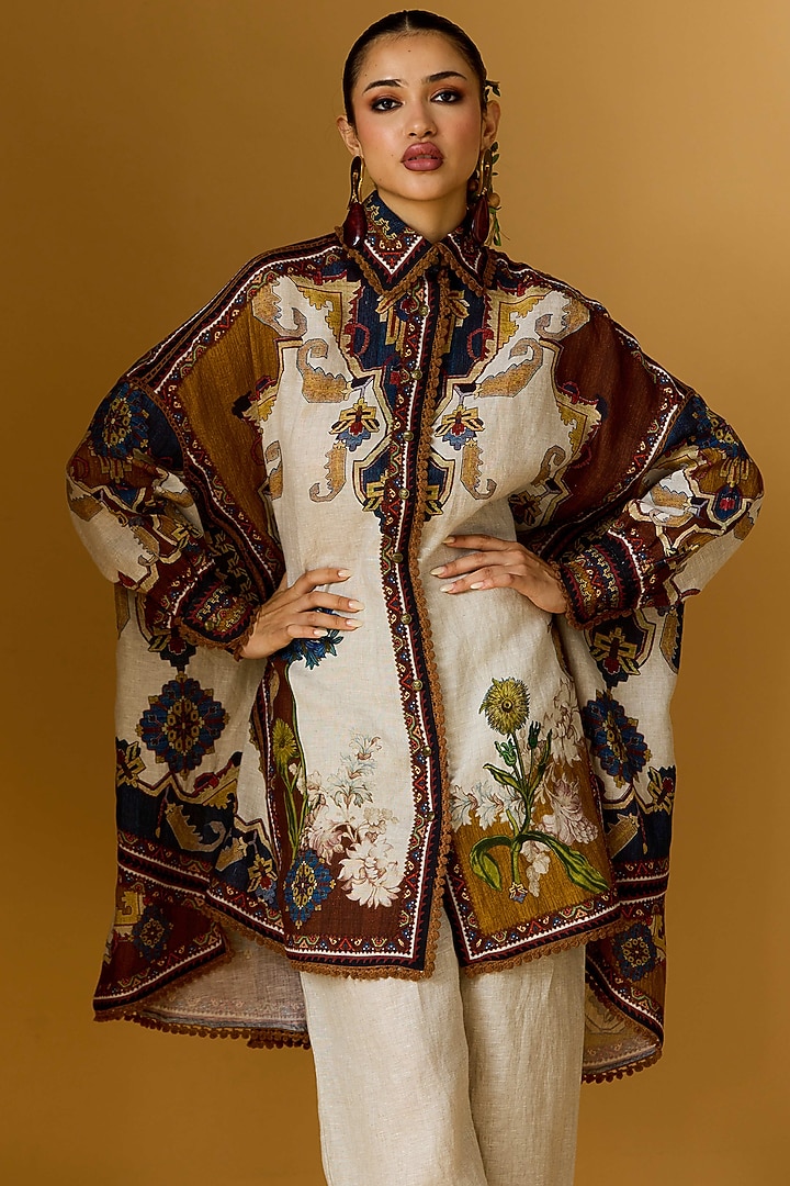 Caramel Beige Linen Printed Shirt by Rajdeep Ranawat at Pernia's Pop Up Shop