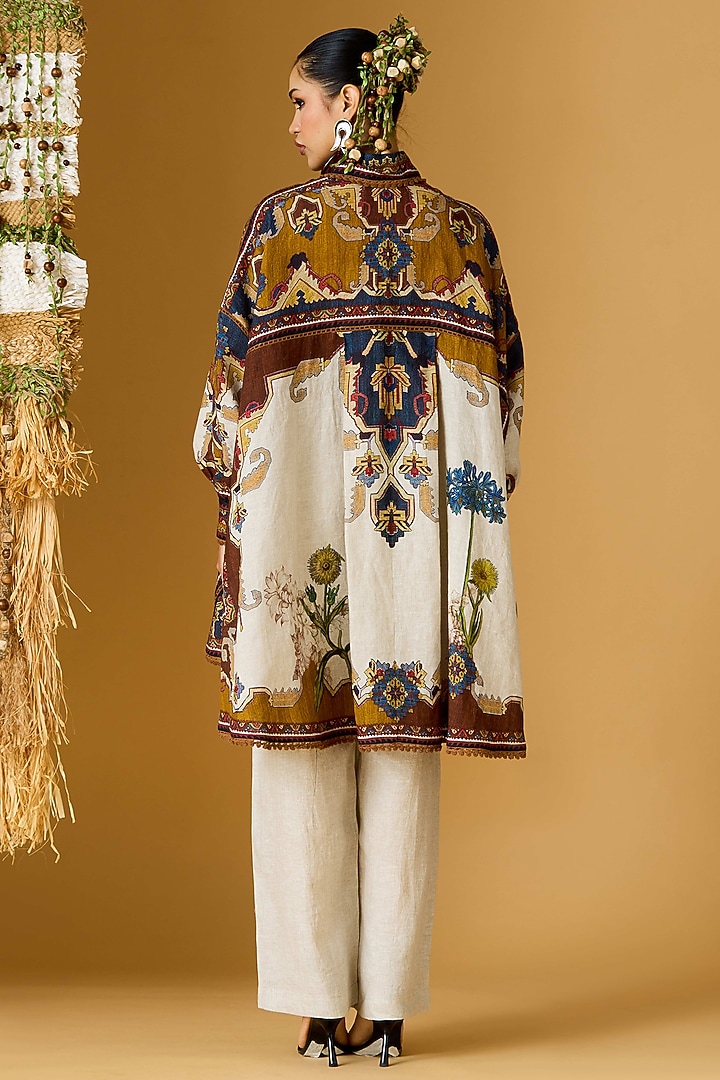 Caramel Beige Linen Printed Shirt by Rajdeep Ranawat at Pernia's Pop Up Shop