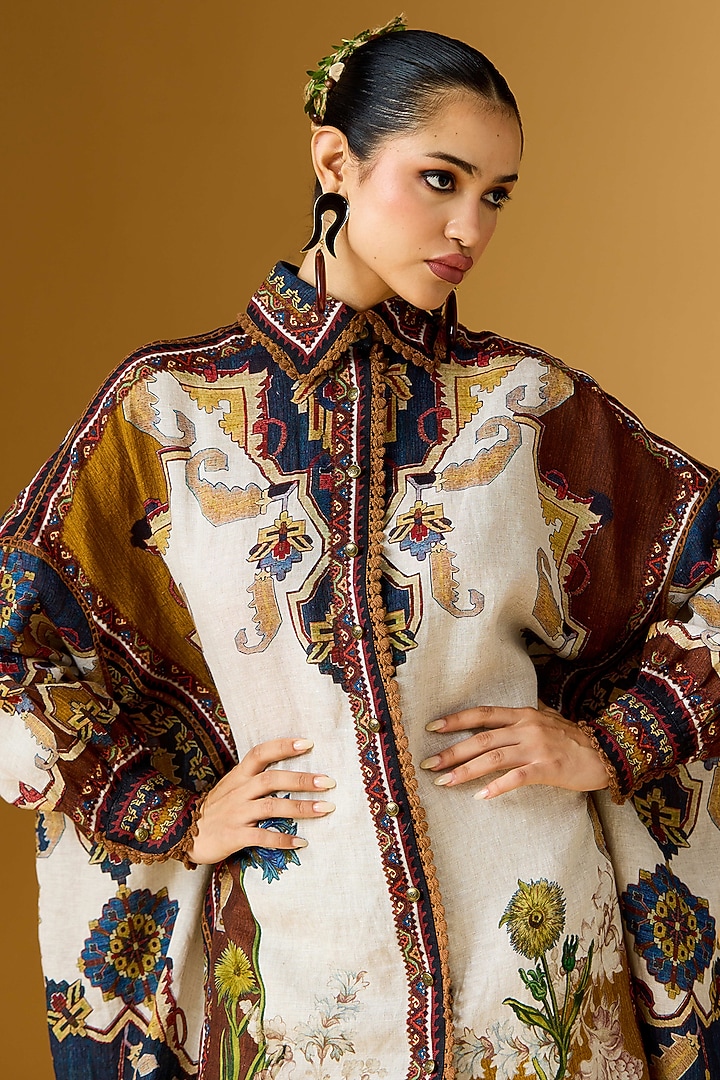Caramel Beige Linen Printed Shirt by Rajdeep Ranawat at Pernia's Pop Up Shop