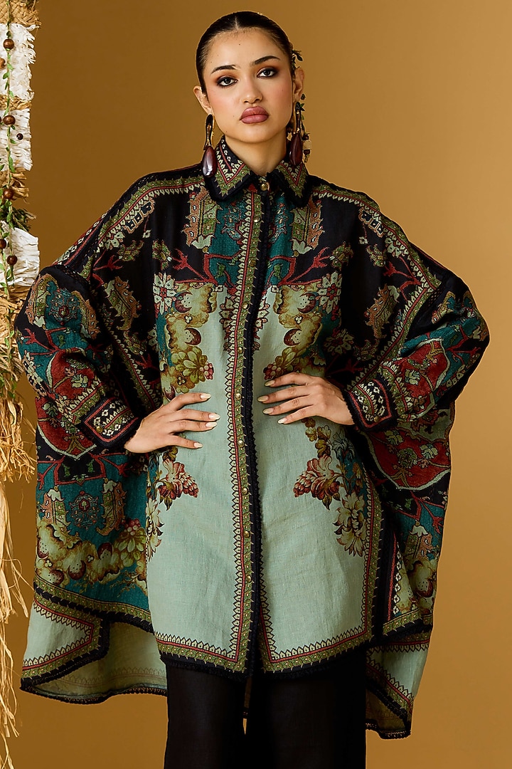 Teal Linen Printed Shirt by Rajdeep Ranawat at Pernia's Pop Up Shop