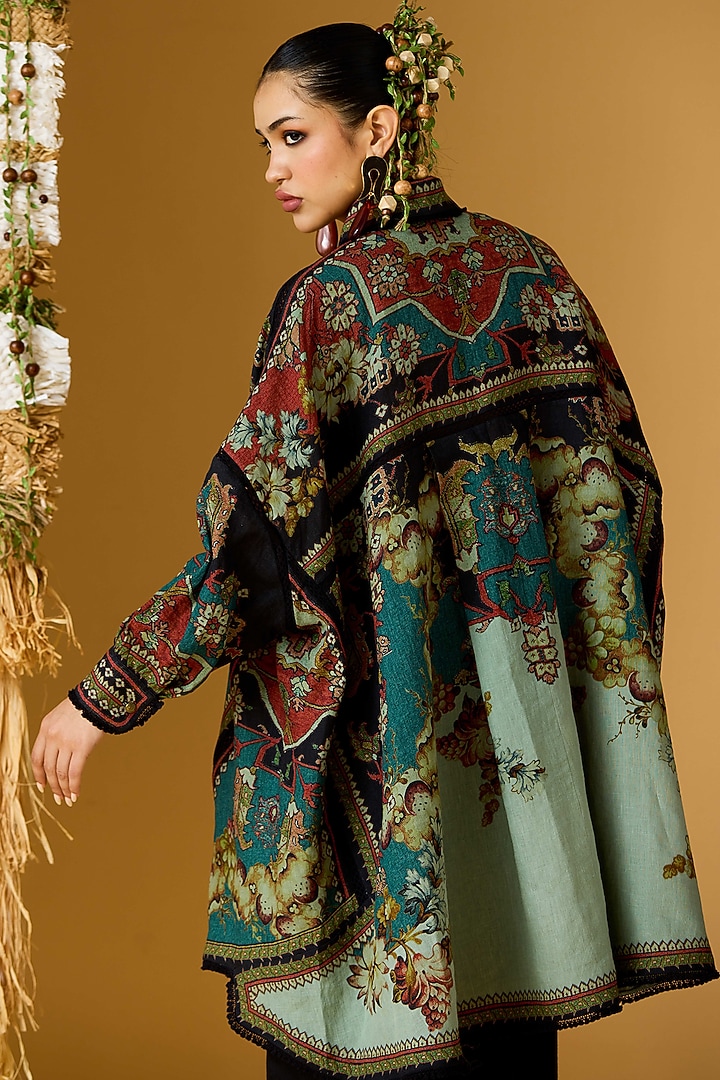 Teal Linen Printed Shirt by Rajdeep Ranawat at Pernia's Pop Up Shop