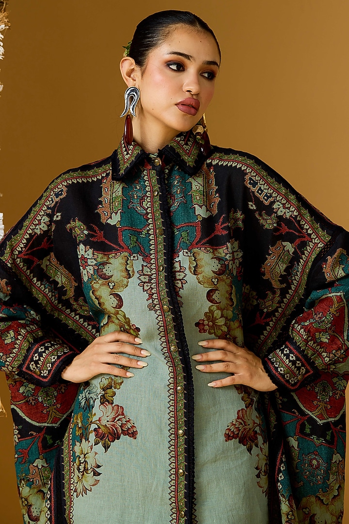 Teal Linen Printed Shirt by Rajdeep Ranawat at Pernia's Pop Up Shop