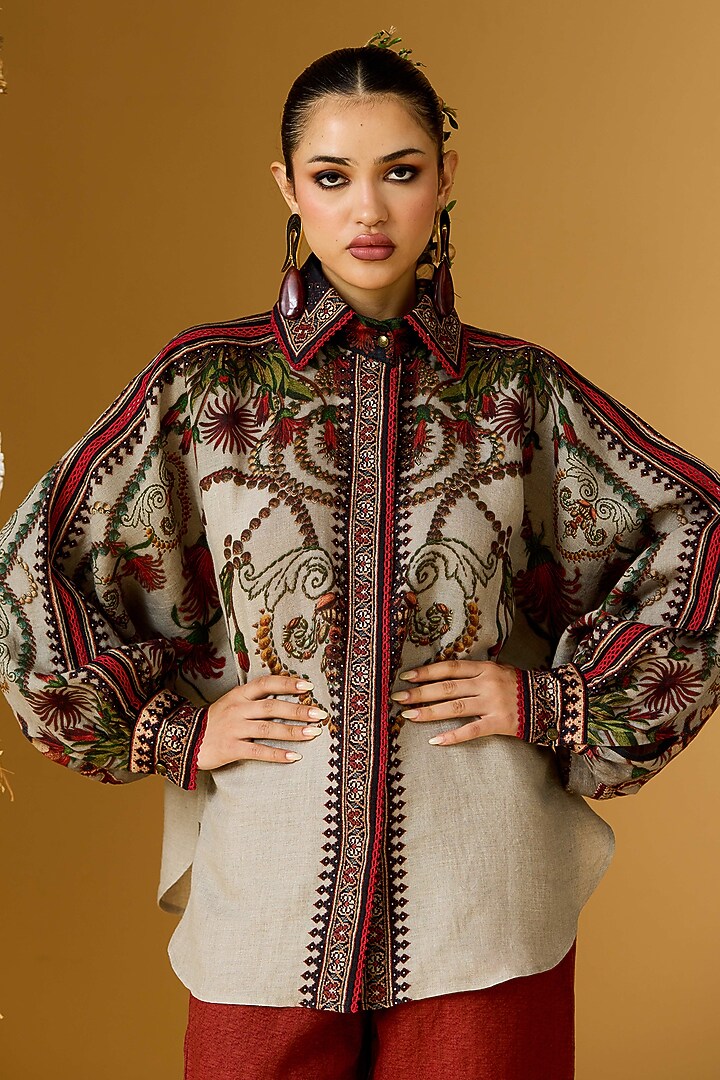 Taupe Linen Printed Curvy Shirt by Rajdeep Ranawat at Pernia's Pop Up Shop