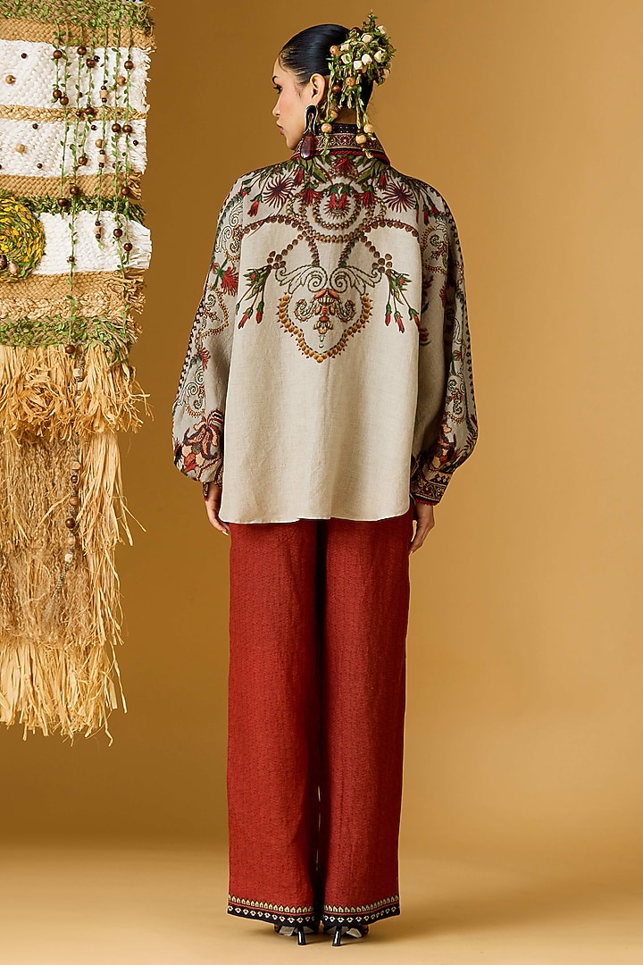 Taupe Linen Printed Curvy Shirt by Rajdeep Ranawat at Pernia's Pop Up Shop