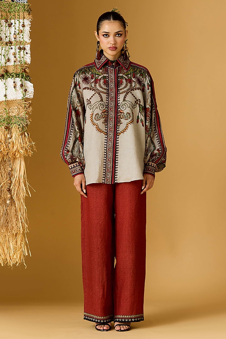 Taupe Linen Printed Curvy Shirt by Rajdeep Ranawat at Pernia's Pop Up Shop