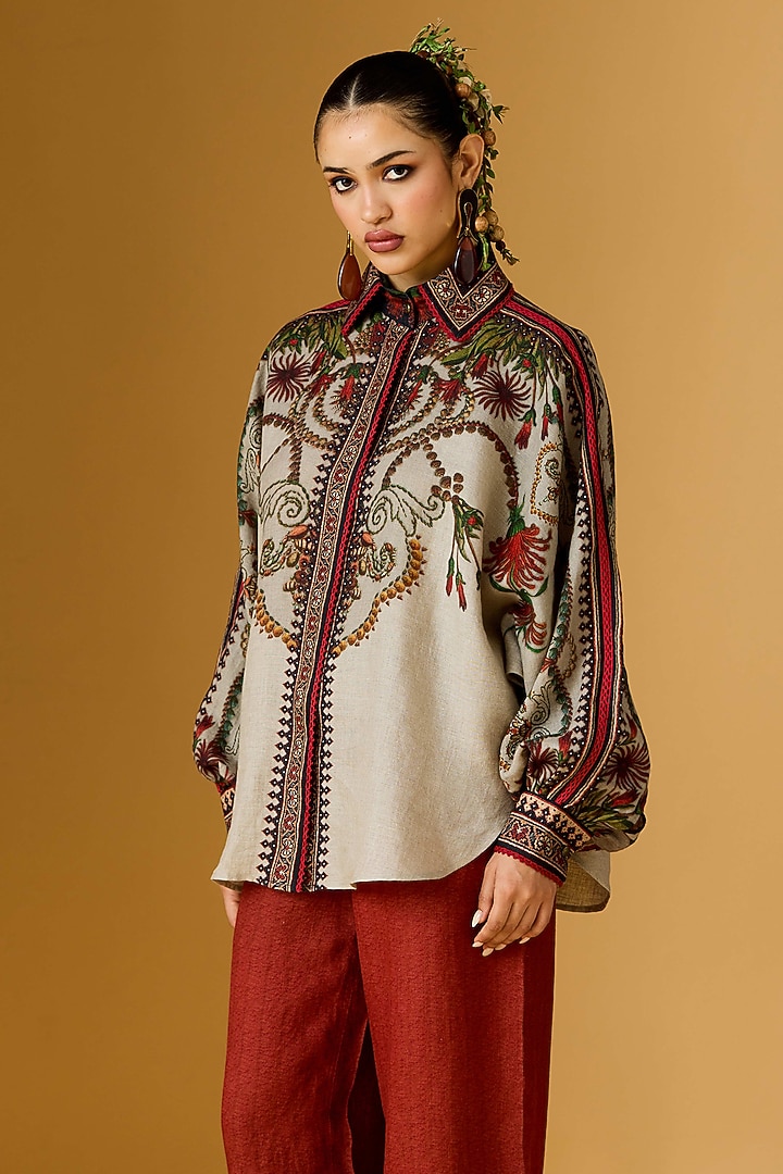 Taupe Linen Printed Curvy Shirt by Rajdeep Ranawat at Pernia's Pop Up Shop