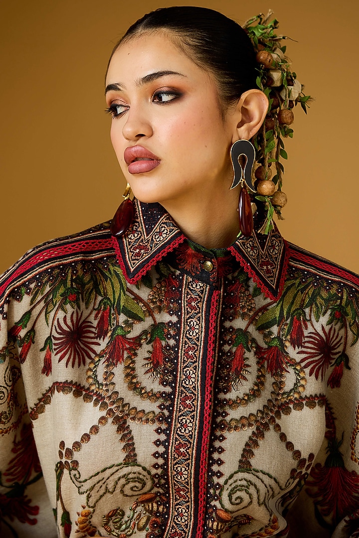 Taupe Linen Printed Curvy Shirt by Rajdeep Ranawat at Pernia's Pop Up Shop