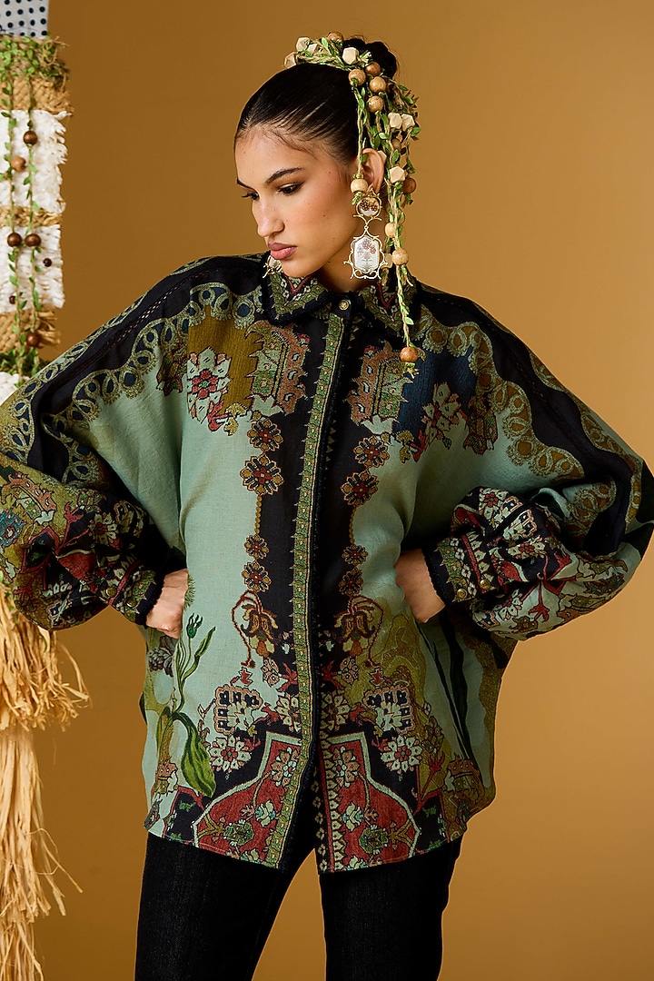 Teal Linen Printed Curvy Shirt by Rajdeep Ranawat at Pernia's Pop Up Shop