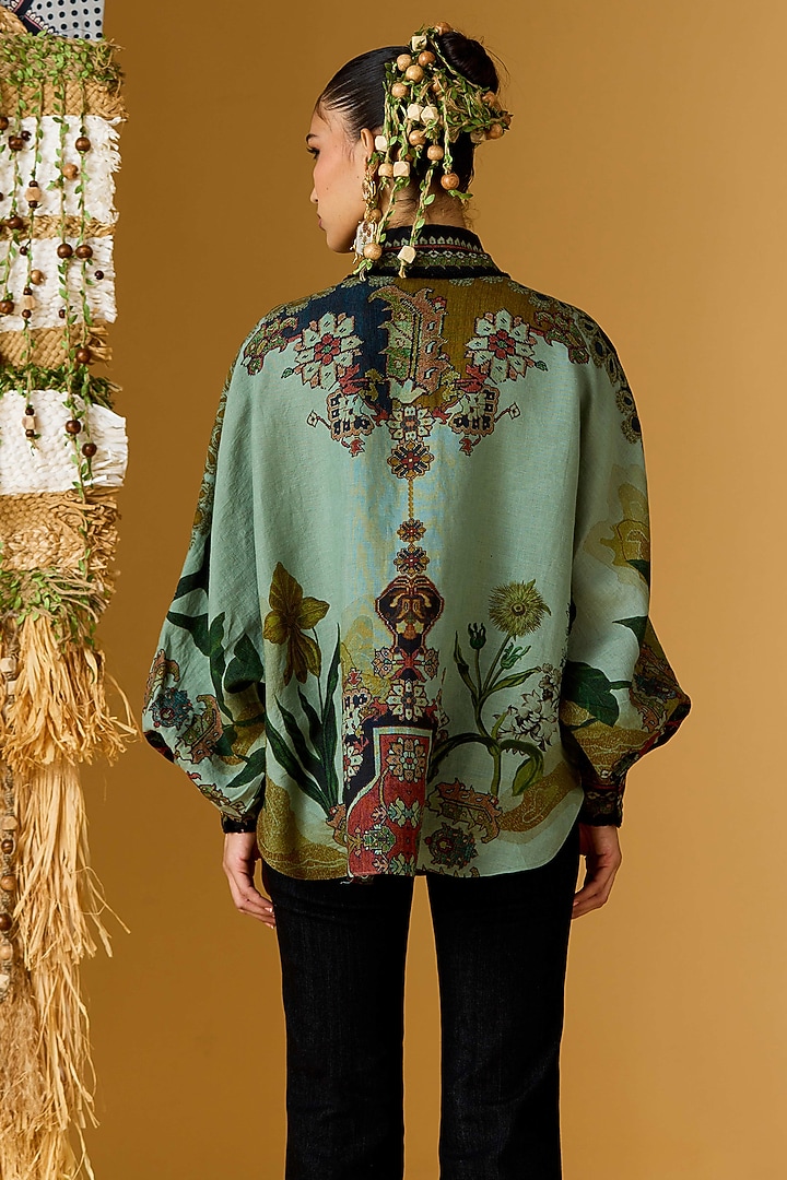 Teal Linen Printed Curvy Shirt by Rajdeep Ranawat at Pernia's Pop Up Shop