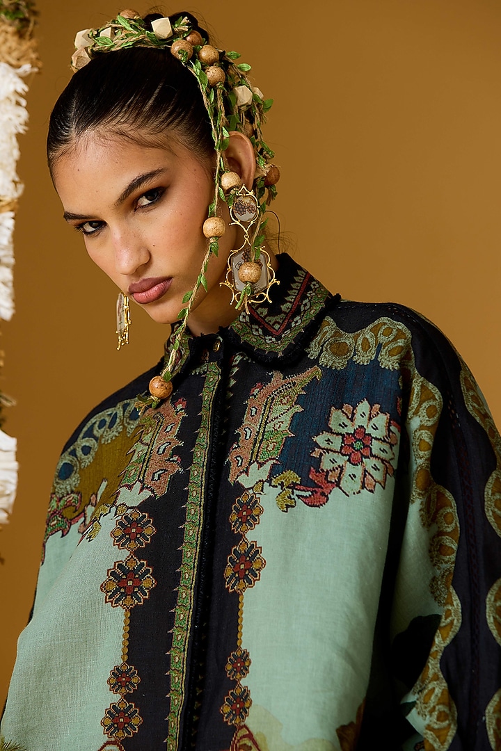 Teal Linen Printed Curvy Shirt by Rajdeep Ranawat at Pernia's Pop Up Shop