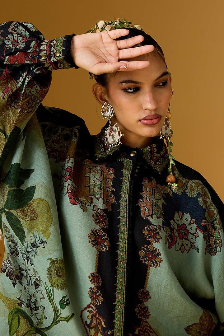 Teal Linen Printed Curvy Shirt by Rajdeep Ranawat at Pernia's Pop Up Shop