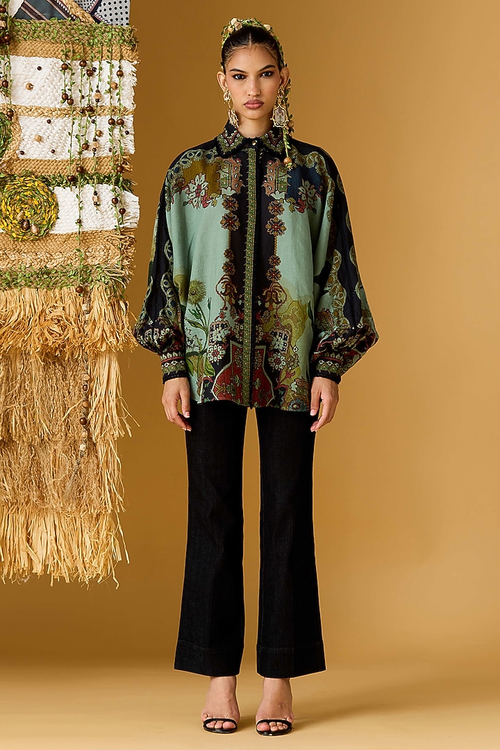 Teal Linen Printed Curvy Shirt by Rajdeep Ranawat at Pernia's Pop Up Shop