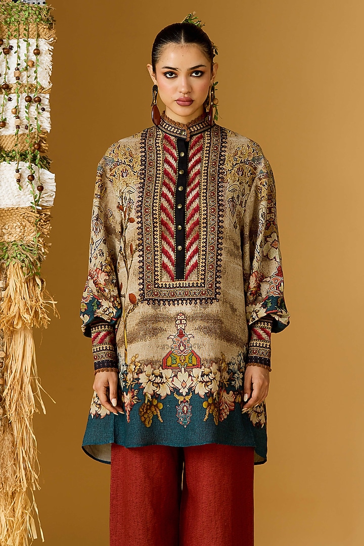 Sand & Teal Linen Printed Tunic by Rajdeep Ranawat at Pernia's Pop Up Shop