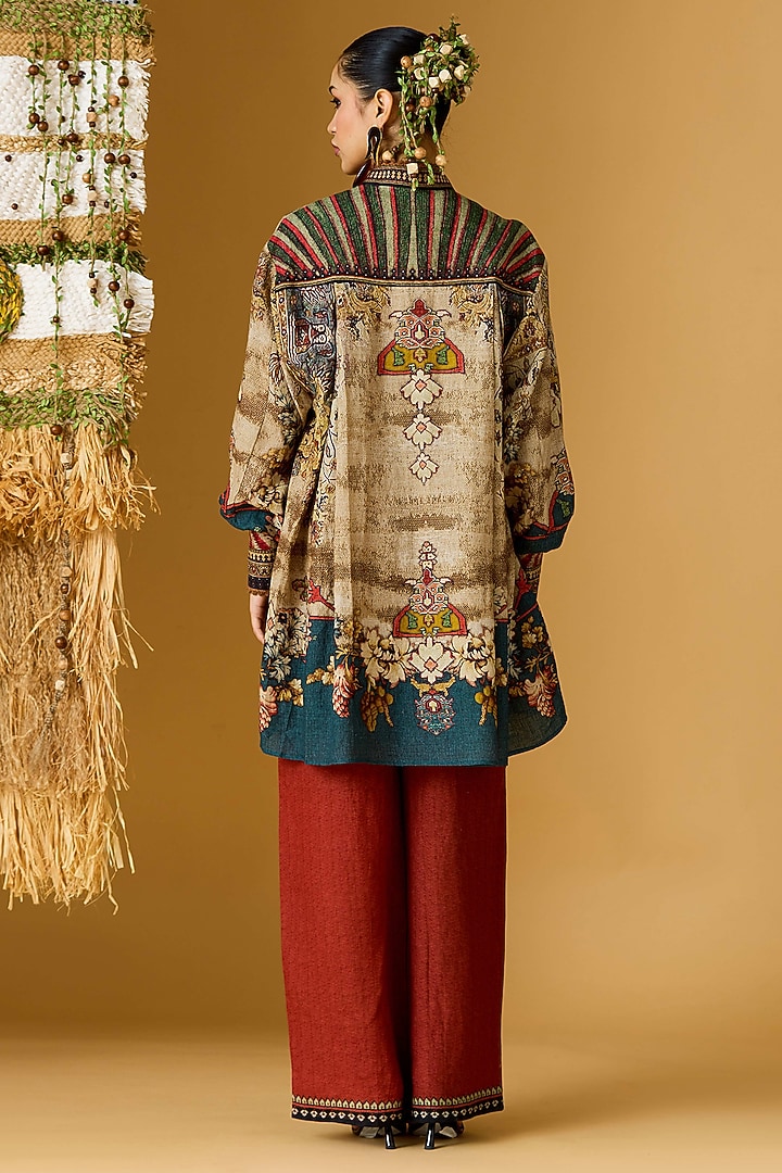Sand & Teal Linen Printed Tunic by Rajdeep Ranawat at Pernia's Pop Up Shop