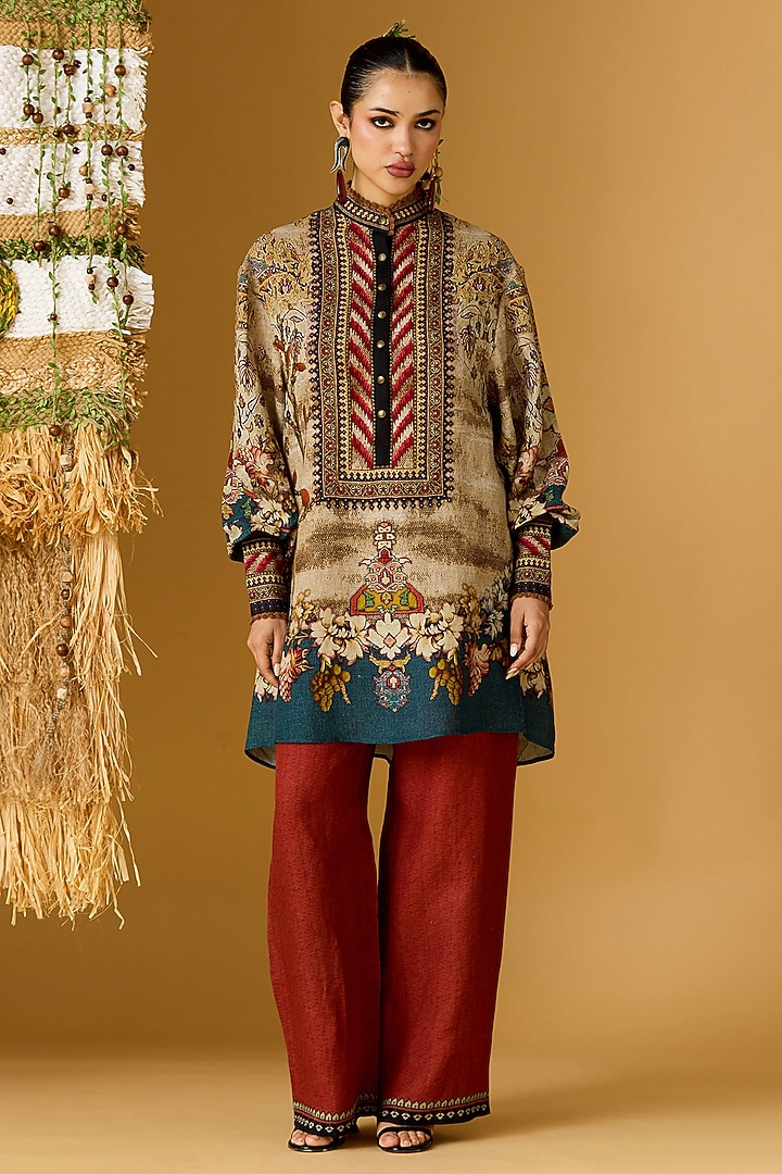 Sand & Teal Linen Printed Tunic by Rajdeep Ranawat at Pernia's Pop Up Shop