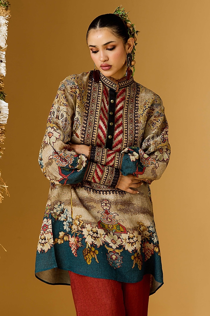 Sand & Teal Linen Printed Tunic by Rajdeep Ranawat at Pernia's Pop Up Shop