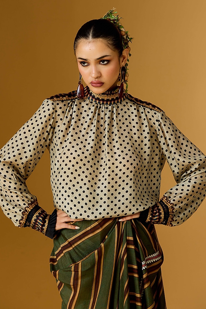 White Silk Polka Dot Printed Tunic Set by Rajdeep Ranawat at Pernia's Pop Up Shop